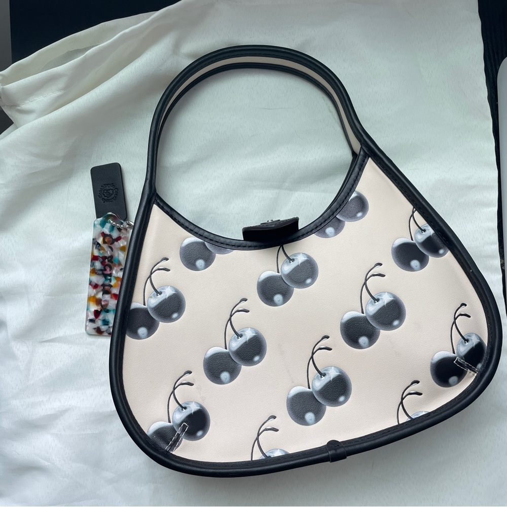 Coachtopia - Cherry Print Crescent Shoulder Bag in Cream and Black